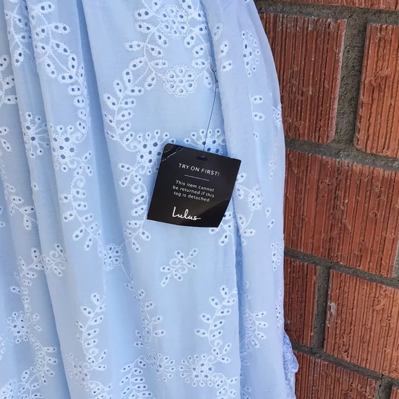 LAST ONE❗Lulu's Vintage Feminine Chic Powder Blue Embroidered Eyelet Midi Dress - Picture 6 of 10